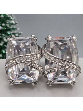 Large Crystal Sparkly Silver Tone Clip Earrings Wedding Bridesmaid